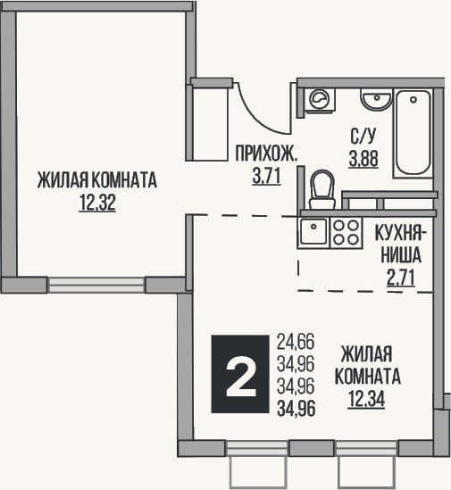 Планировка: 2-к, 35 м²