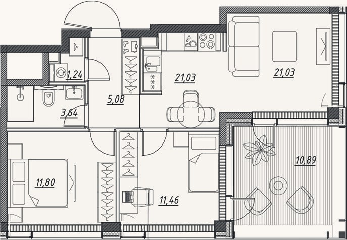 Планировка: 3-к, 54,4 м²
