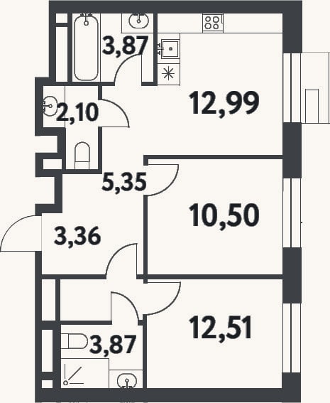 Планировка: 2-к, 54,6 м²