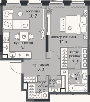 Планировка: 1-к, 50,8 м²