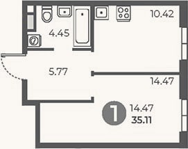 Планировка: 1-к, 35,1 м²