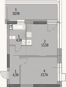 Планировка: 1-к, 35,8 м²