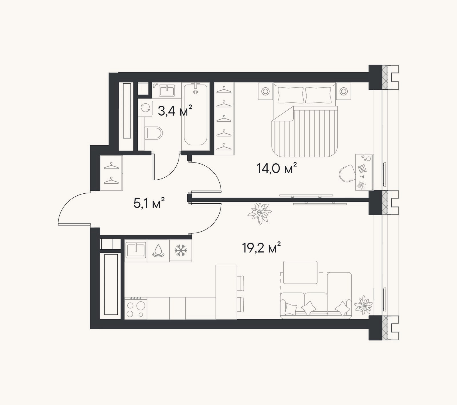 Планировка: 1-к, 41,7 м²