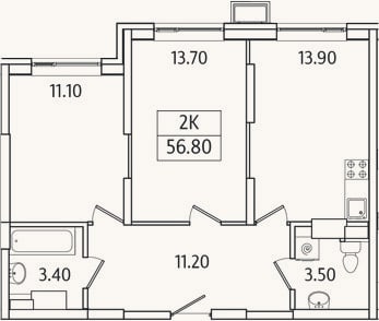 Планировка: 2-к, 56,8 м²