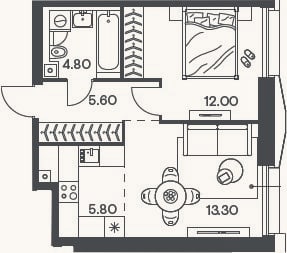 Планировка: 2-к, 41,5 м²