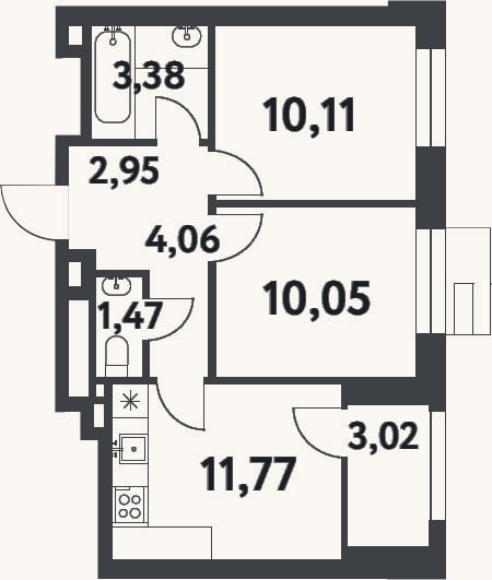 Планировка: 2-к, 43,8 м²