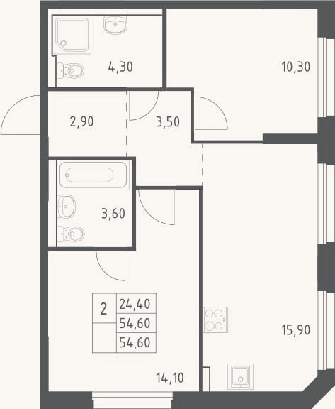 Планировка: 3-к, 54,6 м²