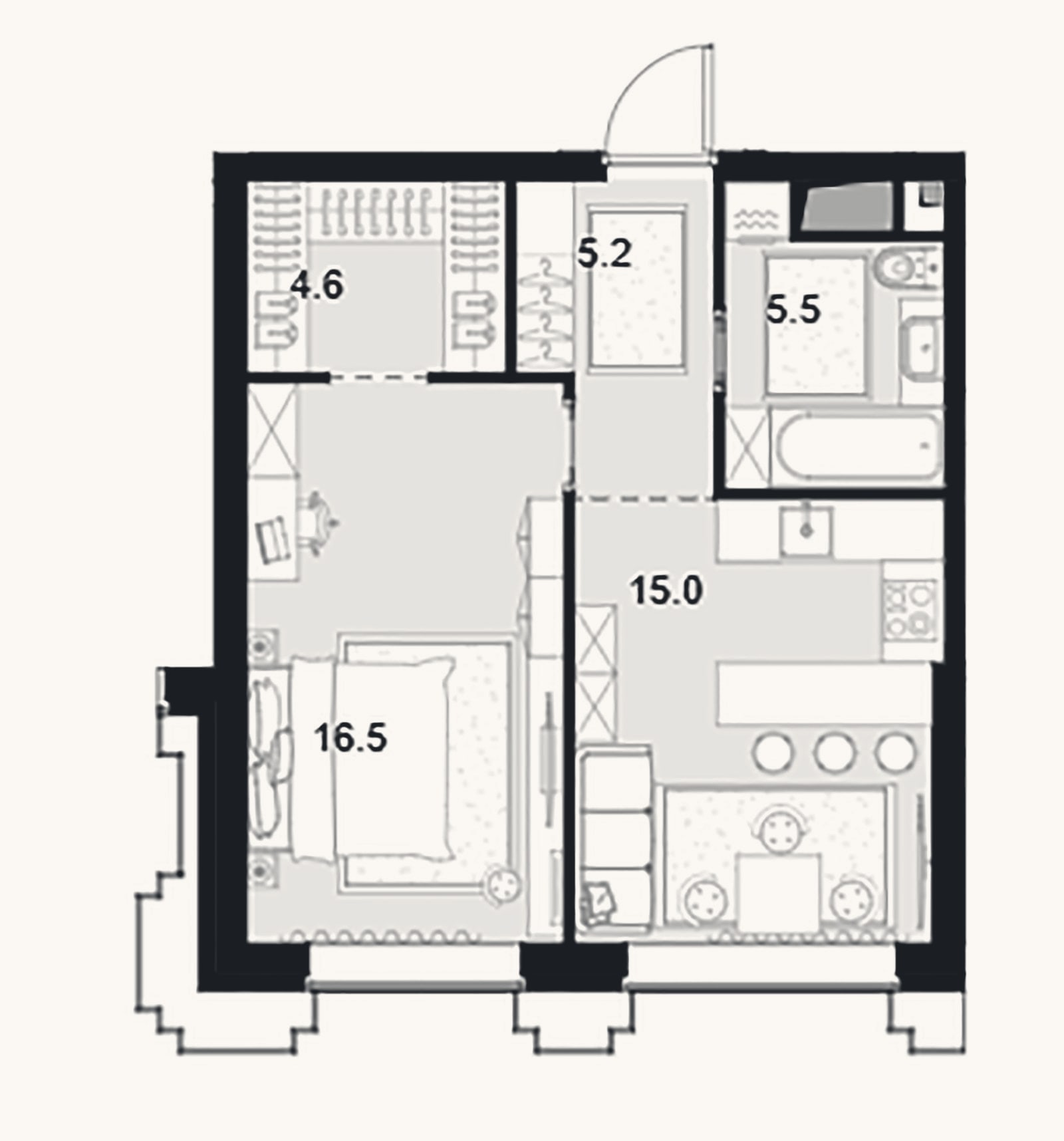 Планировка: 1-к, 46,8 м²