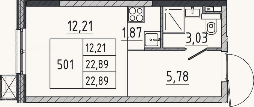 Планировка: Студия, 22,9 м²