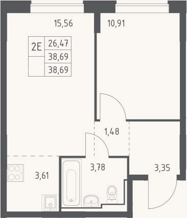 Планировка: 2-к, 38,7 м²