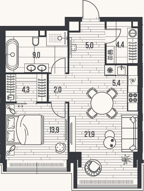 Планировка: 2-к, 65,9 м²