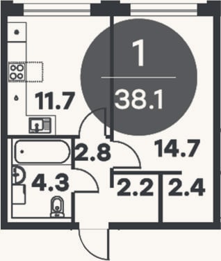 Планировка: 1-к, 38,1 м²