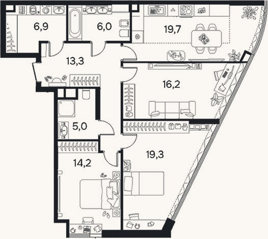 Планировка: 3-к, 98,8 м²