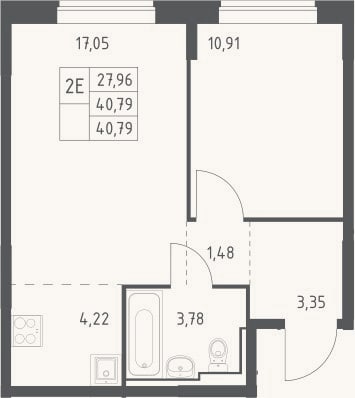 Планировка: 2-к, 40,8 м²