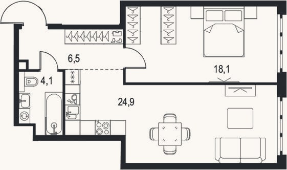 Планировка: 1-к, 53,6 м²