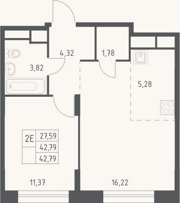 Планировка: 2-к, 42,8 м²
