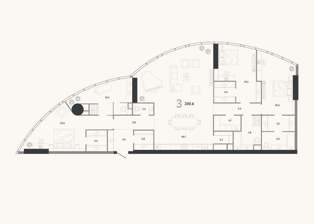 Планировка: 4+ к, 200,6 м²