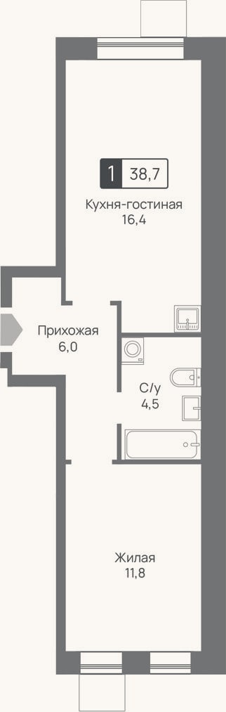 Планировка: 2-к, 38,7 м²