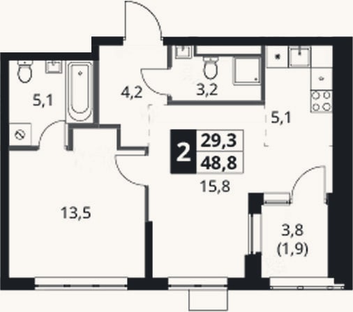 Планировка: 2-к, 46,9 м²