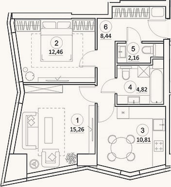 Планировка: 2-к, 54 м²