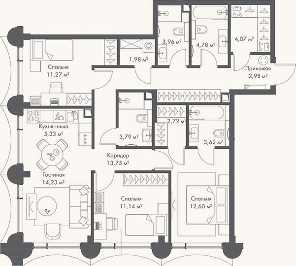 Планировка: 4+ к, 96,2 м²