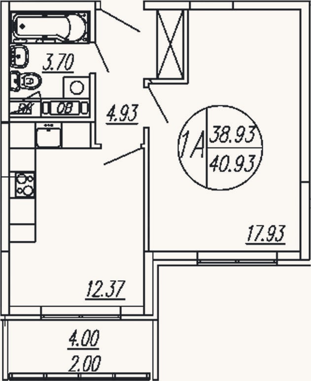 Планировка: 1-к, 38,9 м²