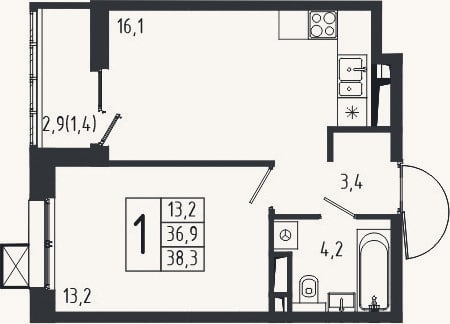 Планировка: 1-к, 36,9 м²