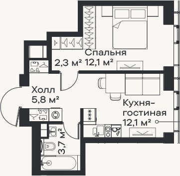 Планировка: 2-к, 36 м²