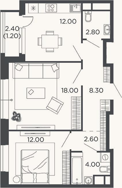 Планировка: 2-к, 59,7 м²