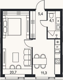 Планировка: 1-к, 41,5 м²