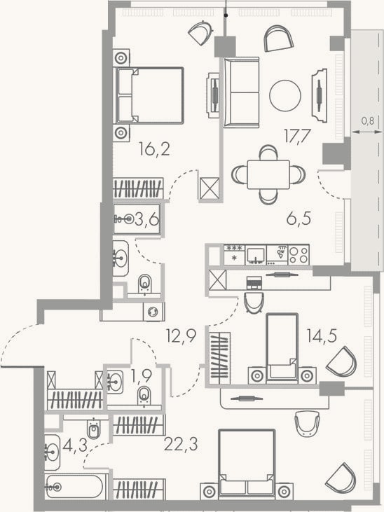 Планировка: 4+ к, 99,9 м²