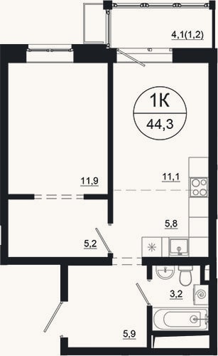 Планировка: 2-к, 43,1 м²
