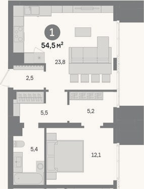 Планировка: 1-к, 54,5 м²