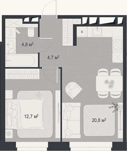 Планировка: 2-к, 43 м²