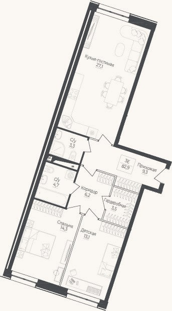 Планировка: 3-к, 84 м²