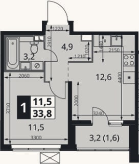 Планировка: 1-к, 32,2 м²