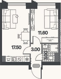 Планировка: 2-к, 36,8 м²