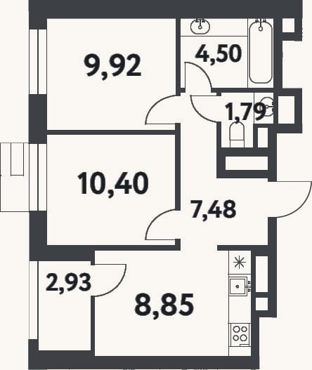 Планировка: 2-к, 45,6 м²