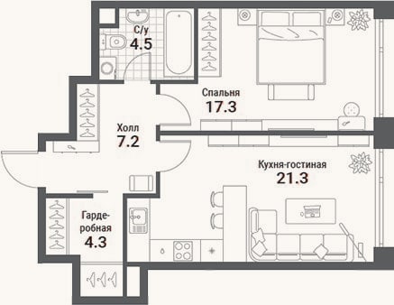 Планировка: 2-к, 54,6 м²