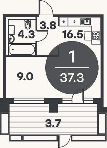Планировка: Студия, 36,5 м²