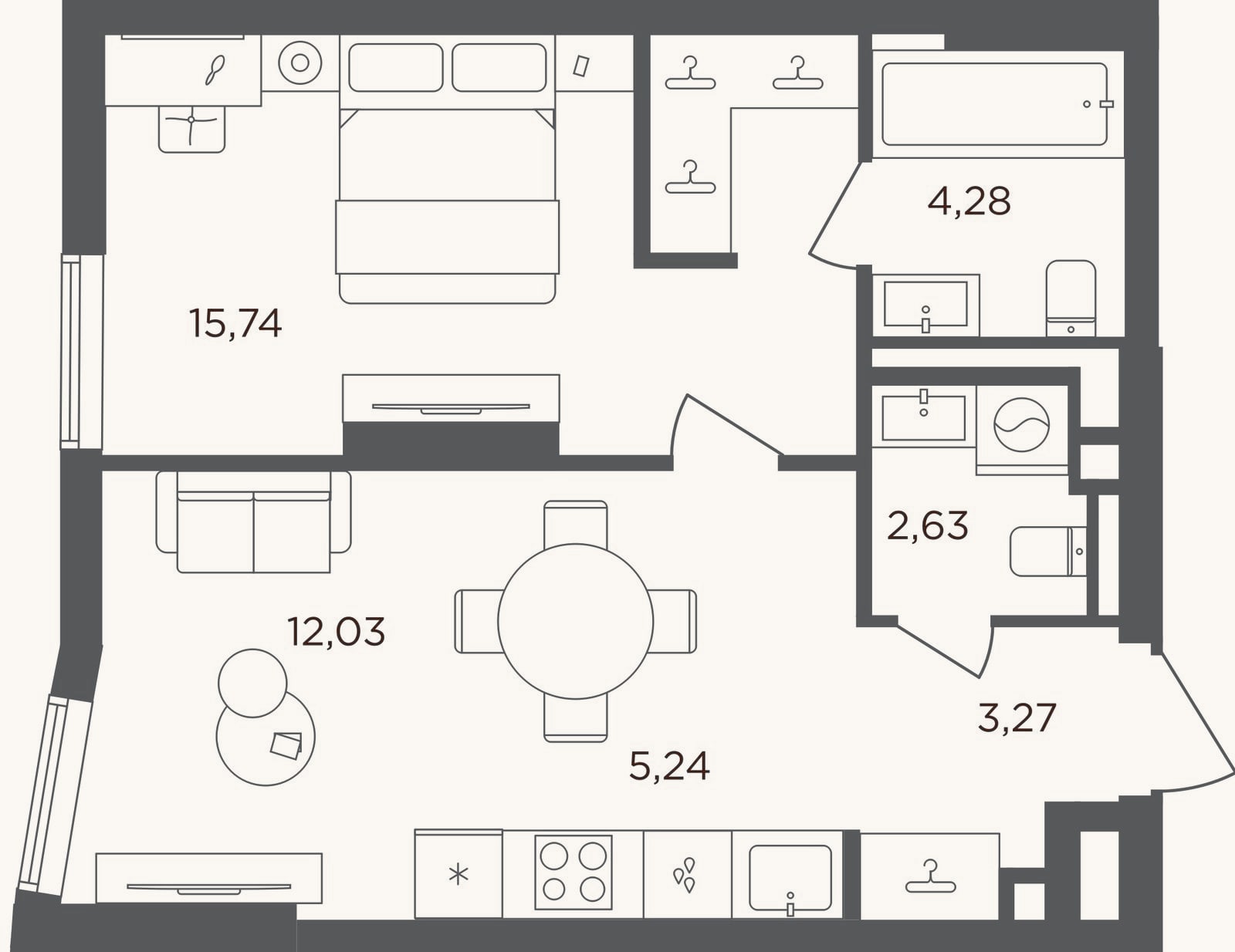 Планировка: 2-к, 43,2 м²