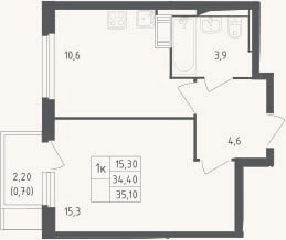 Планировка: 1-к, 34,4 м²