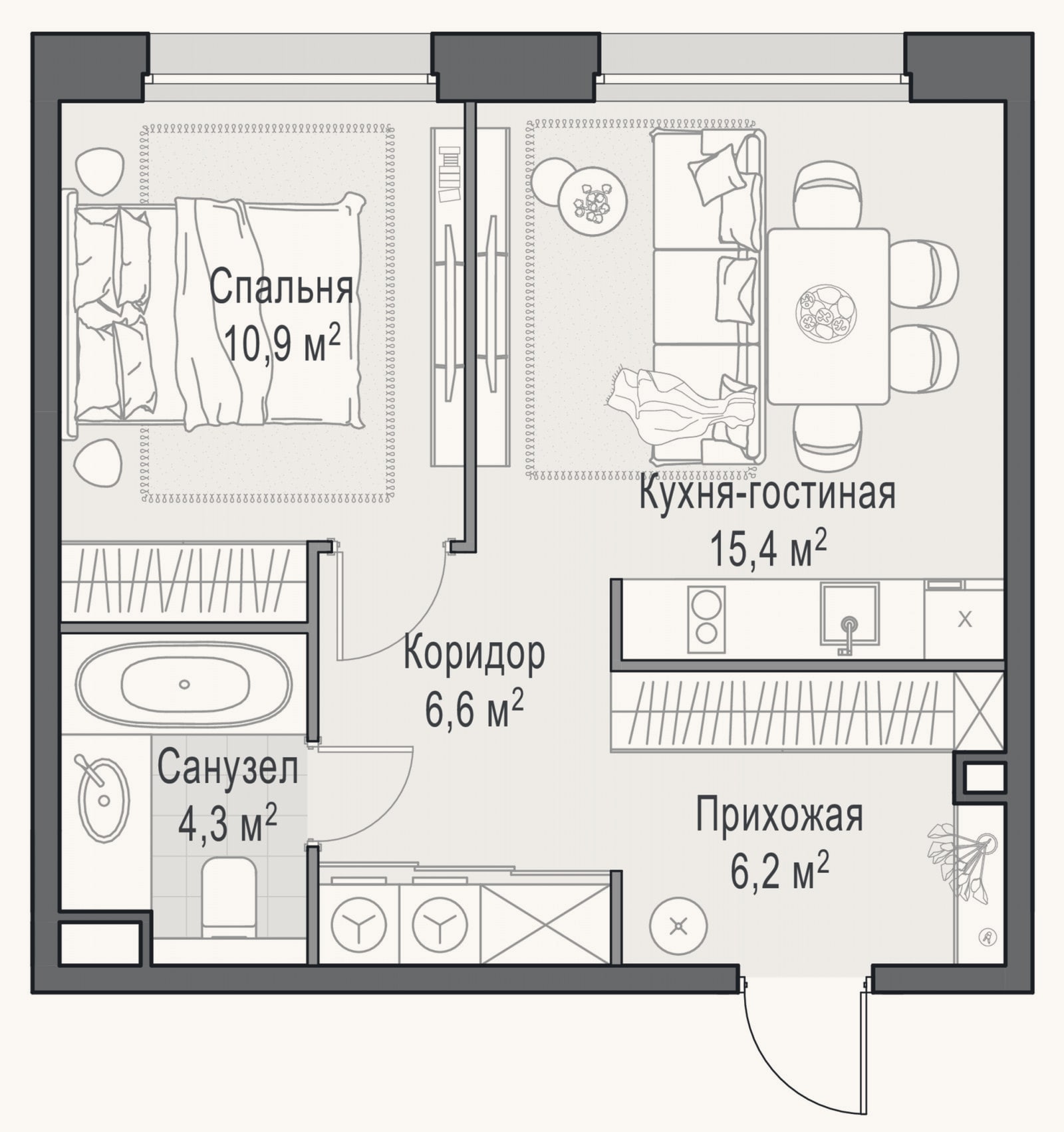 Планировка: 2-к, 43,2 м²
