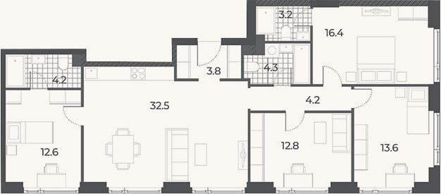 Планировка: 4+ к, 107,6 м²