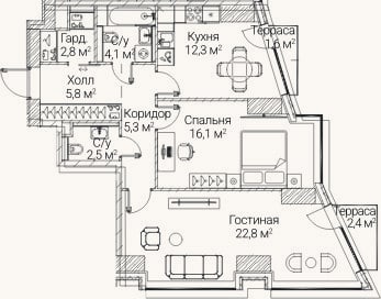 Планировка: 2-к, 69,2 м²