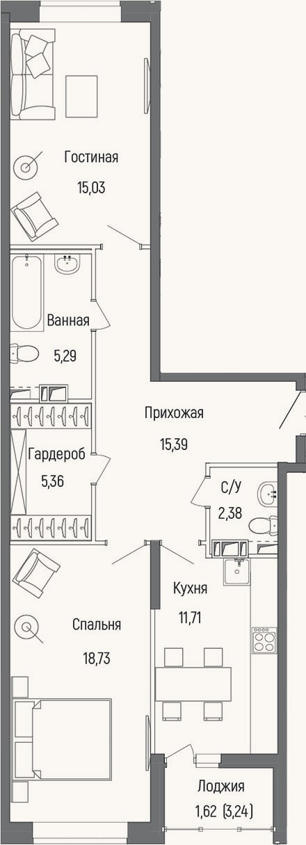 Планировка: 2-к, 73,9 м²