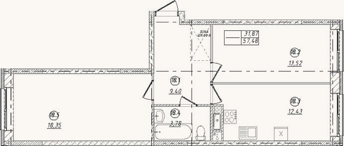 Планировка: 2-к, 57,5 м²