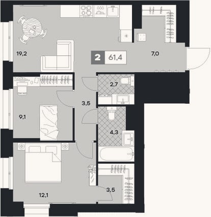 Планировка: 2-к, 61,4 м²