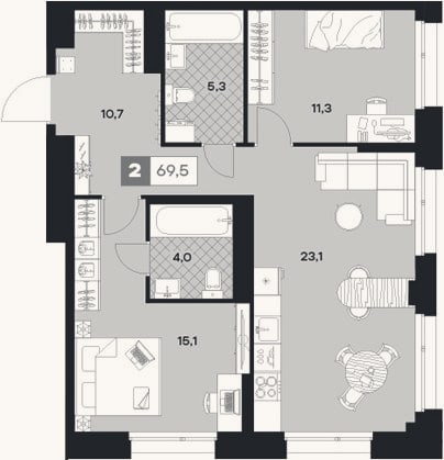 Планировка: 2-к, 69,5 м²