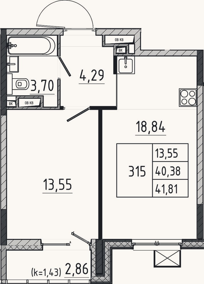 Планировка: 2-к, 40,4 м²